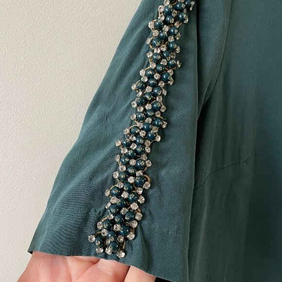 Club Monaco Beaded Short Sleeve Round Neck Shift Mini Dress Moss Green 2 - Picture 8 of 9